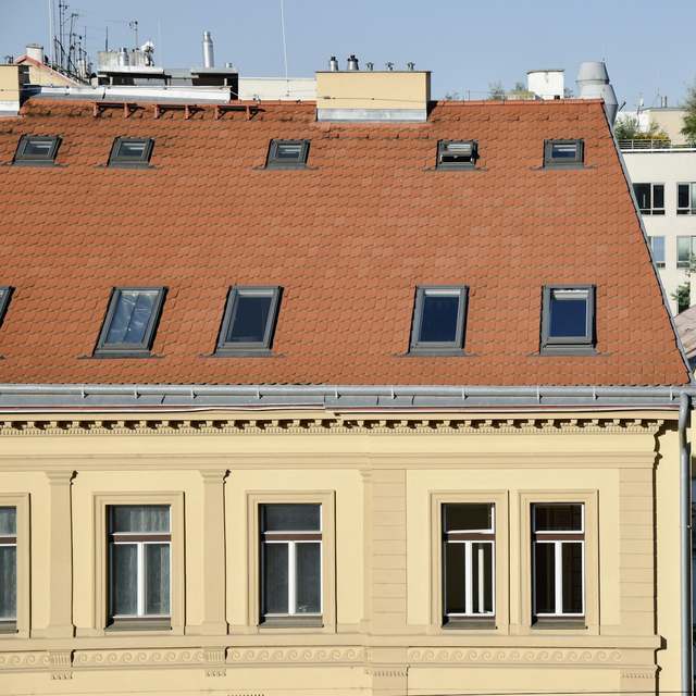 Ziegeldach mit einer Reihe Dachfenster