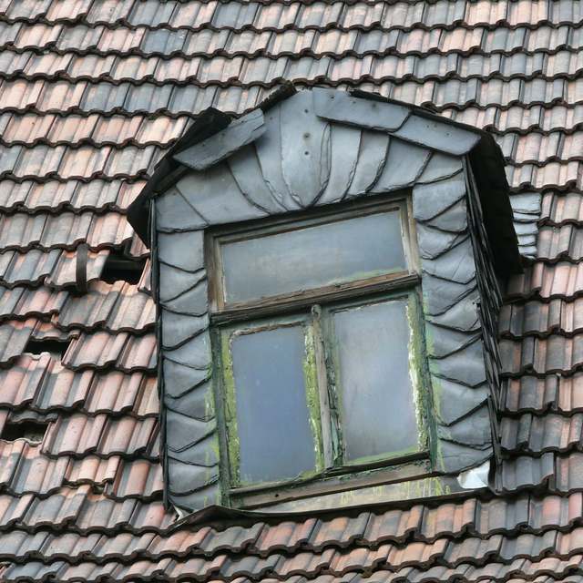 Altes Ziegeldach mit Schiefergaube, einige Ziegel fehlen